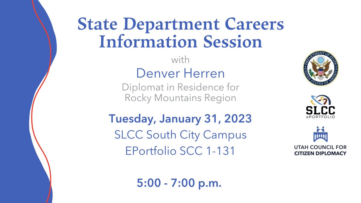 TOMORROW!

Join Diplomat in Residence Denver Herren to learn  about working in embassies and consulates around the globe w/ the U.S. Dept of State.

Tues Jan 31, 2023
SLCC South City Campus
Portfolio SCC 1-131

For more info &amp; to sign up, visit: utahdiplomacy.org/events/full-ca….