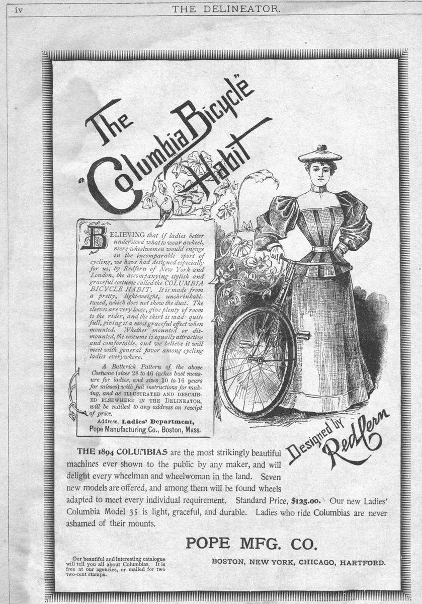 1894 Delineator (house magazine for Butterick patterns) Nice cross-promo for a Butterick pattern (designed by Redfern) and Columbia bicycles. #vintagebicycle #vintagesewing #tweedrun #designerpattern #designersewing