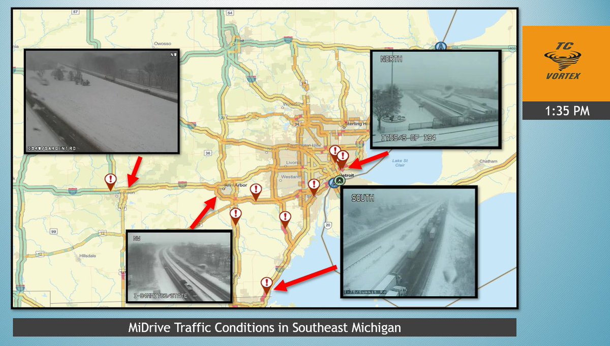 TCVortexWX's tweet image. Several slow downs in #SoutheastMichigan due to winter storm! 3-5" of snow still on the way for Southeast Michigan and Metro Detroit. Slow travel will continue through the evening and night hours.

UPDATES VIA @MDOT_MetroDet and #MiDrive