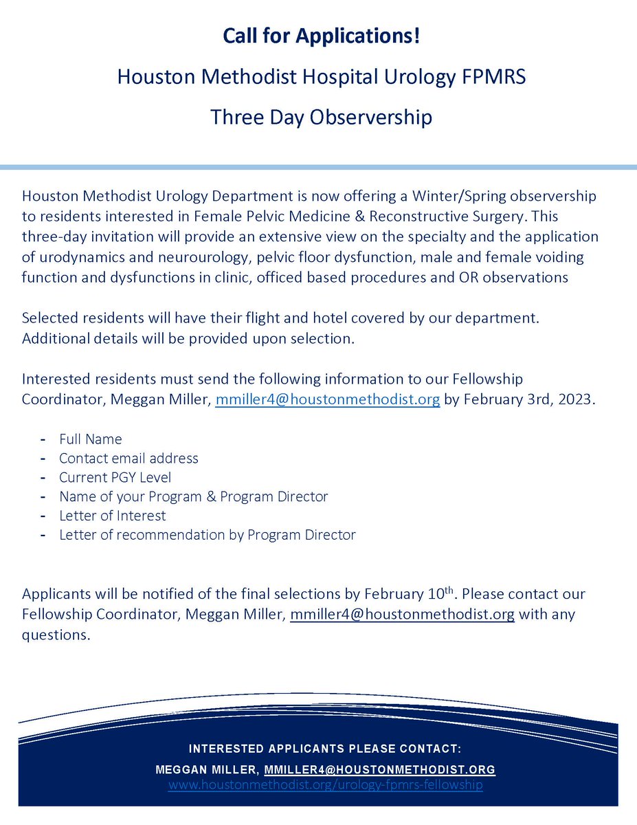 Houston Methodist Urology and Residency Program (@hmethodisturo) on Twitter photo Call for applications for 2023 <a href="/HMethodistUro/">Houston Methodist Urology and Residency Program</a> #FPMRS sponsored Observership
An exciting opportunity to learn more about pelvic floor dysfunction, m/f voiding dysfunction, urodynamics, neurourology & more for Uro residents interested in FPMRS
Details below 👇
<a href="/UroResidency/">UroResidency</a> Call for applications for 2023 <a href="/HMethodistUro/">Houston Methodist Urology and Residency Program</a> #FPMRS sponsored Observership
An exciting opportunity to learn more about pelvic floor dysfunction, m/f voiding dysfunction, urodynamics, neurourology & more for Uro residents interested in FPMRS
Details below 👇
<a href="/UroResidency/">UroResidency</a>