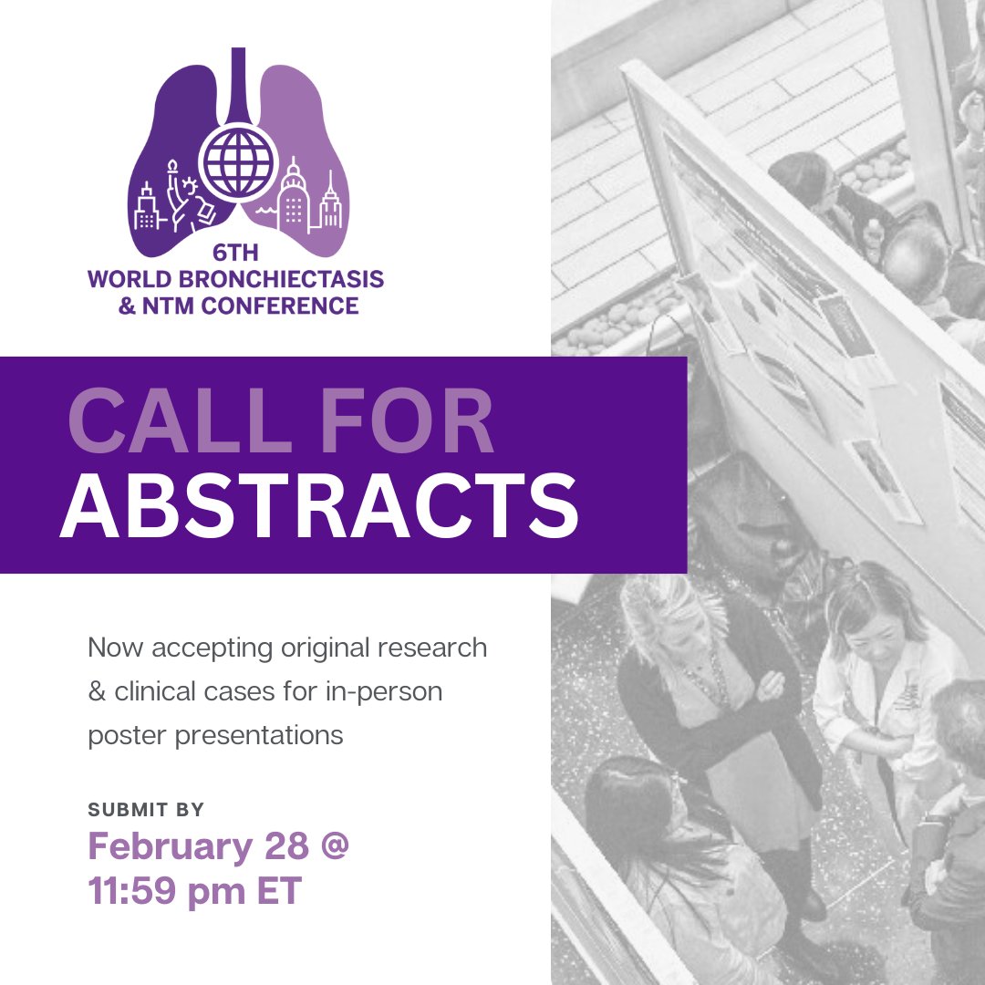 Calling all original research and case reports in #bronchiectasis & #NTM! 🫁🩺 Submit today! 👉 bit.ly/worldbronchntm…

#WBC2023 #callforabstracts #showmethesputum 
#nontuberculousmycobacteria #meded #continuingmedicaleducation #pulmonarydisease