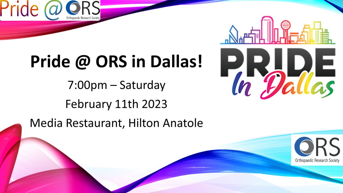 We will be hosting a Pride @ORS Community Meet-Up at #ORS2023! Come join us at 7pm on Saturday February 11th, in the Media Restaurant at the Hilton Anatole!

All welcome, including allies and friends! 🌈