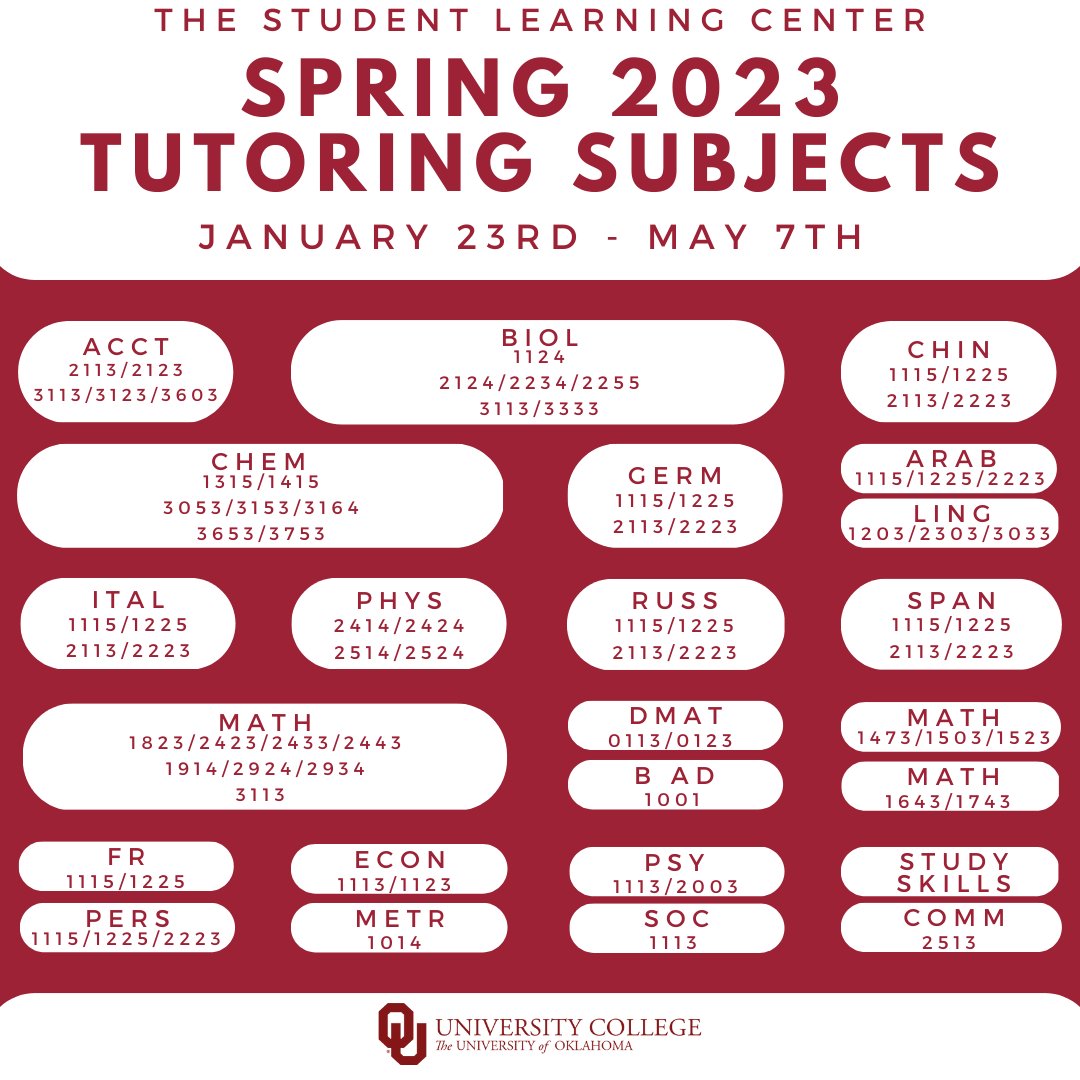 🕮 Study SMARTER, not HARDER! 🕮 Action Tutoring is officially in full swing! We are excited to share our Spring 2023 tutoring subjects and schedule! You can find our full Spring tutoring schedule at ou.edu/action.