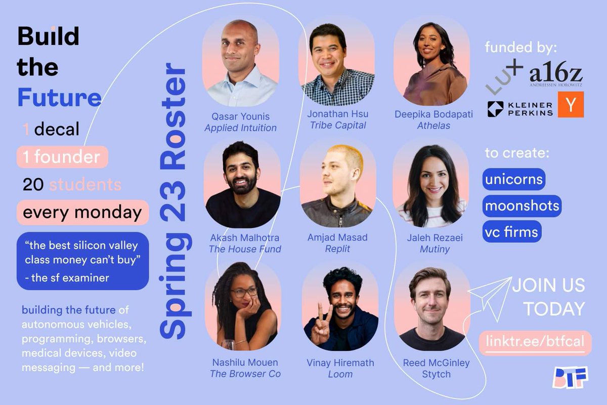 We’ve been waiting to drop this 🔥

Presenting our speaker lineup for Spring 2023 — they are building the future of autonomous vehicles, programming, browsers, medical devices, passwordless auth, and more! 

Join now at bit.ly/btfsp23