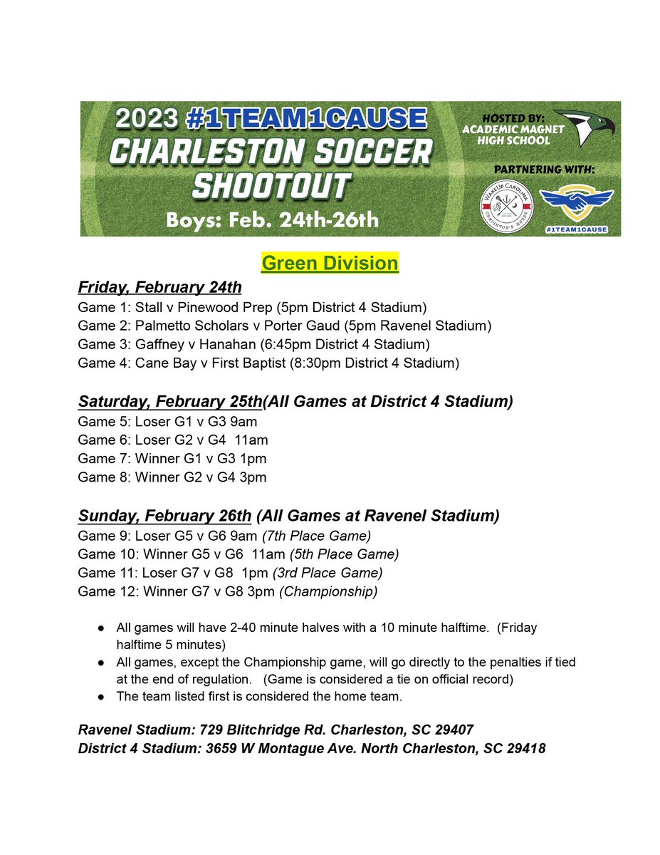 AMHSgirlssoccer's tweet image. We are excited to be hosting the 2023 @1team1cause Charleston Soccer Shootout.  We will be partnering with #1team1cause as well as @WakeUp_Carolina for this year's tournament.  We will be welcoming 8 girls and 16 boys teams from around the state starting Feb 17th. @AmhsBvSoccer