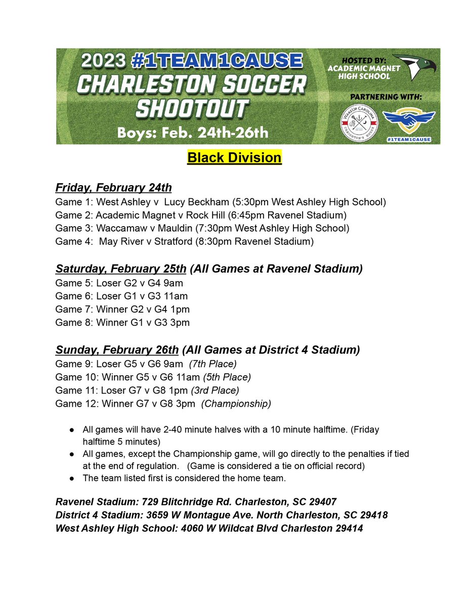 AMHSgirlssoccer's tweet image. We are excited to be hosting the 2023 @1team1cause Charleston Soccer Shootout.  We will be partnering with #1team1cause as well as @WakeUp_Carolina for this year's tournament.  We will be welcoming 8 girls and 16 boys teams from around the state starting Feb 17th. @AmhsBvSoccer