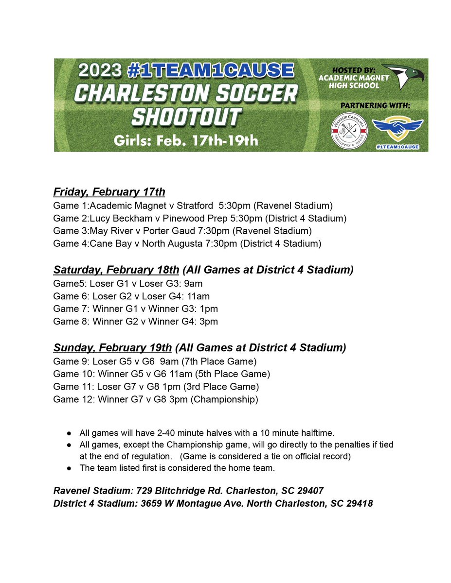 AMHSgirlssoccer's tweet image. We are excited to be hosting the 2023 @1team1cause Charleston Soccer Shootout.  We will be partnering with #1team1cause as well as @WakeUp_Carolina for this year's tournament.  We will be welcoming 8 girls and 16 boys teams from around the state starting Feb 17th. @AmhsBvSoccer