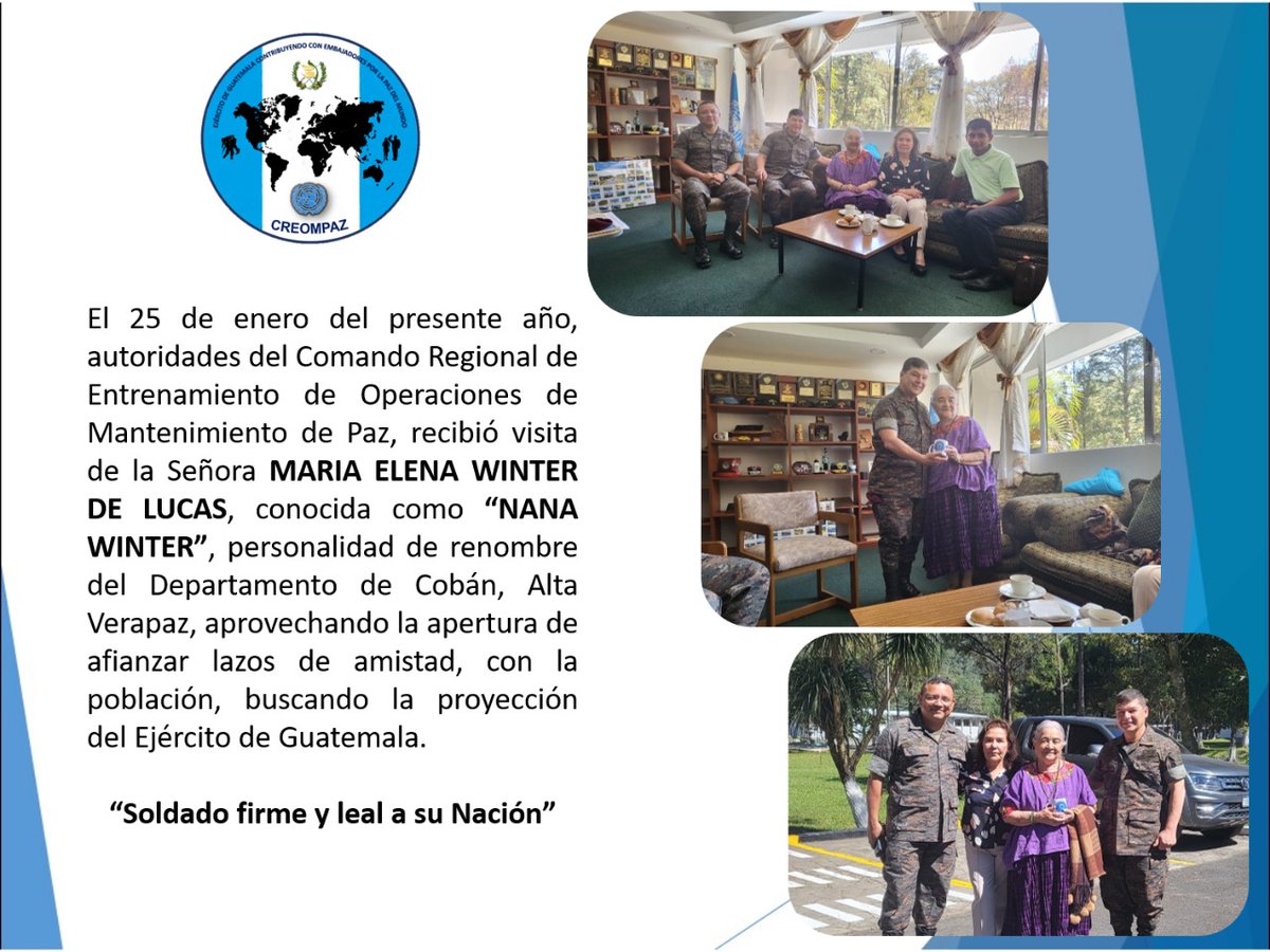 CreompazOficial's tweet photo. #CREOMPAZ
#EjercitoGT  |  #MINDEF 

"El Liderazgo es el ejercicio de autodominio propio, que le permite adoptar la Disciplina como una filosofía de vida, para guiar a una comunidad con Visión y Pasión, bajo los preceptos de Dios". *KASIMBA*

#SoldadoFirmeyLealasuNacion https://t.co/2Dd0yxb2wY