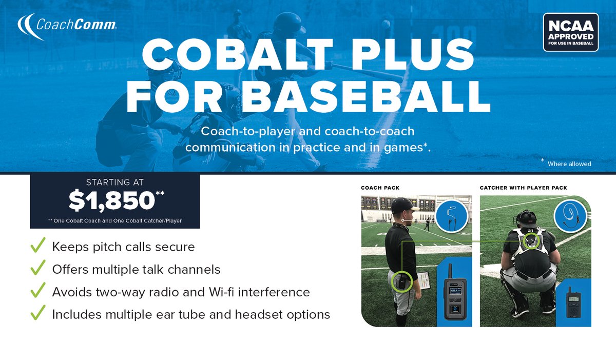 ABCA1945's tweet image. ABCA sponsor @CoachComm has more than 200 Collegiate teams using Cobalt, their proven Coach-to-Catcher communication system.

For a limited time, get 10% off any system*.

Click Here to learn more: bit.ly/3D9IIdh

#ABCA2023
#Communication #BaseballComms