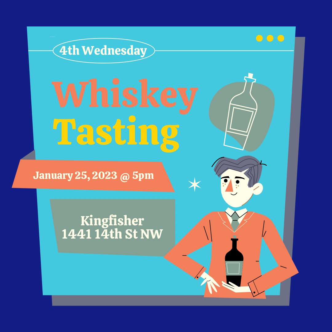 We've partnered with <a href="/KingfisherInDC/">KingfisherDC</a> to offer a monthly whiskey tasting. Starting tonight! Probably pretty low key and should be a good time for folks looking to unwind, meet some regulars, and enjoy a good drink