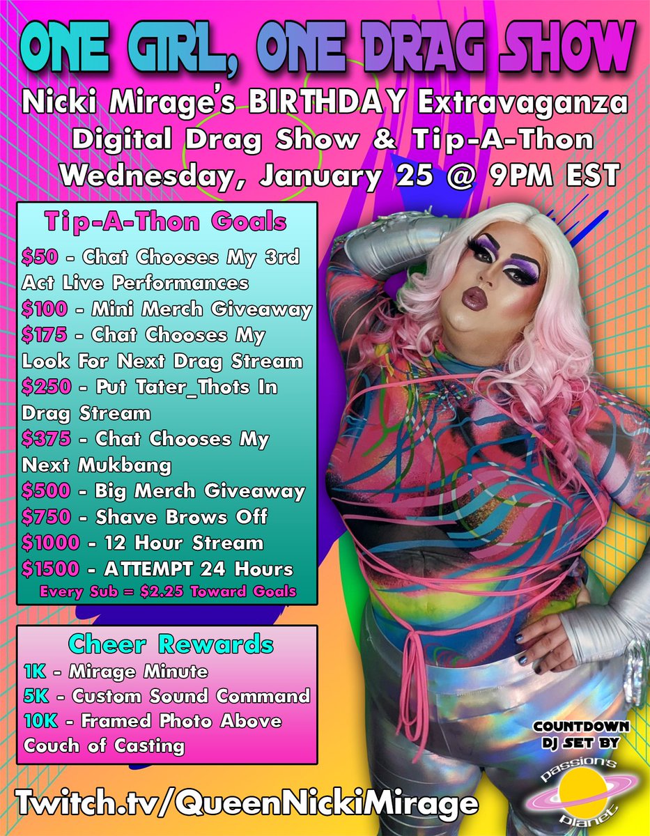 ONE GIRL, ONE DRAG SHOW: Nicki Mirage's BIRTHDAY Extravaganza Drag Show &amp; Tip-A-Thon is happening TONIGHT at 9 PM EST on twitch.tv/QueenNickiMira…! 🥳 I have been putting a ton of work into preparing this show and I hope you enjoy it! 🎉