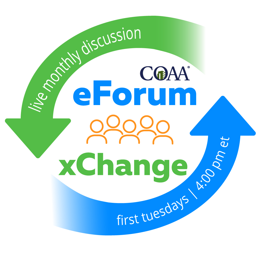 Less than 2 weeks Away!
COAA’s members-only, peer-to-peer networking resource on Microsoft TEAMS that includes a monthly “town hall” gathering called the eForum xChange.. The next xChange is Tuesday, February 7 at 4 pm Eastern. 

Learn more here:
coaa.org/eforum?utm_cam…
