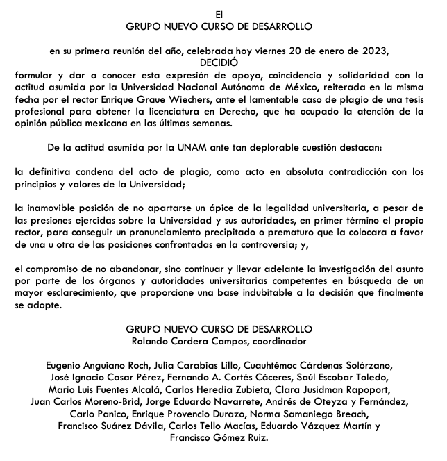 Enrique Provencio D. (@enprodu) on Twitter photo Apoyo, coincidencia y solidaridad del Grupo Nuevo Curso de Desarrollo con la posición de la UNAM, y reiterada el 20 de enero por el Rector ante el lamentable caso de plagio 👇 <a href="/MarioLFuentes1/">Mario Luis Fuentes A</a> <a href="/jscsr/">José Casar</a> <a href="/Carlos_Tampico/">Carlos Heredia</a> <a href="/norsi10/">Norma Samaniego</a> <a href="/esquivelgerardo/">Gerardo Esquivel</a> <a href="/JuliaCarabias/">Julia Carabias</a> <a href="/ClaraJusidman/">ClaraJusidman</a> Apoyo, coincidencia y solidaridad del Grupo Nuevo Curso de Desarrollo con la posición de la UNAM, y reiterada el 20 de enero por el Rector ante el lamentable caso de plagio 👇 <a href="/MarioLFuentes1/">Mario Luis Fuentes A</a> <a href="/jscsr/">José Casar</a> <a href="/Carlos_Tampico/">Carlos Heredia</a> <a href="/norsi10/">Norma Samaniego</a> <a href="/esquivelgerardo/">Gerardo Esquivel</a> <a href="/JuliaCarabias/">Julia Carabias</a> <a href="/ClaraJusidman/">ClaraJusidman</a>
