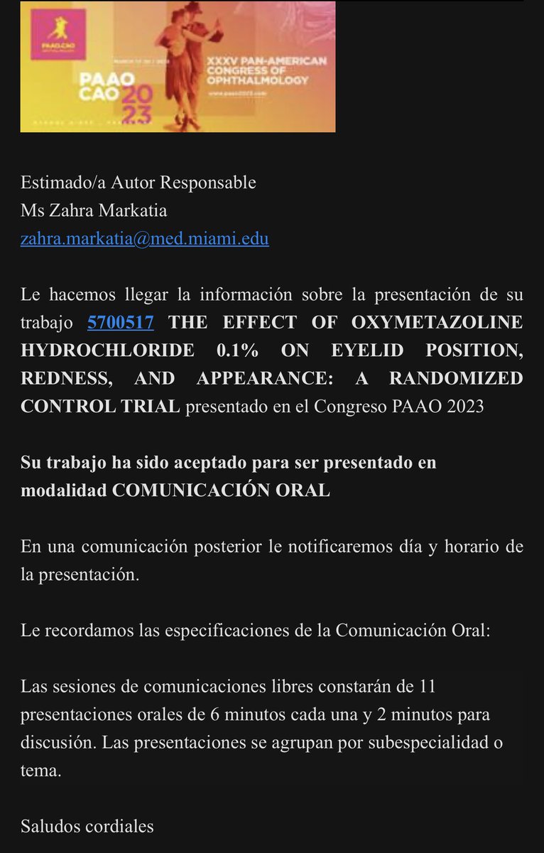ZahraMarkatia's tweet photo. Excited to announce I have been invited to give an oral presentation and a poster presentation at the Pan-American Congress of Ophthalmology in Argentina! So thankful for the opportunity to share my research at an international meeting. @BascomPalmerEye #OphthoTwitter #MedTwitter https://t.co/VMZpZ9wuZZ