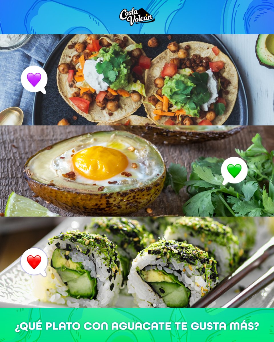 El aguacate 🥑 es una pasada, sí... pero puestos a elegir, ¿cuál de estos platos os gusta más?
¡Hacédnoslo saber en comentarios con un emoji!

💜 Tacos con guacamole
💚 Aguacate al horno con huevo
❤️ Sushi con aguacate y pepino

#aguacate #costavolcan #aguacatealhorno #sushi
