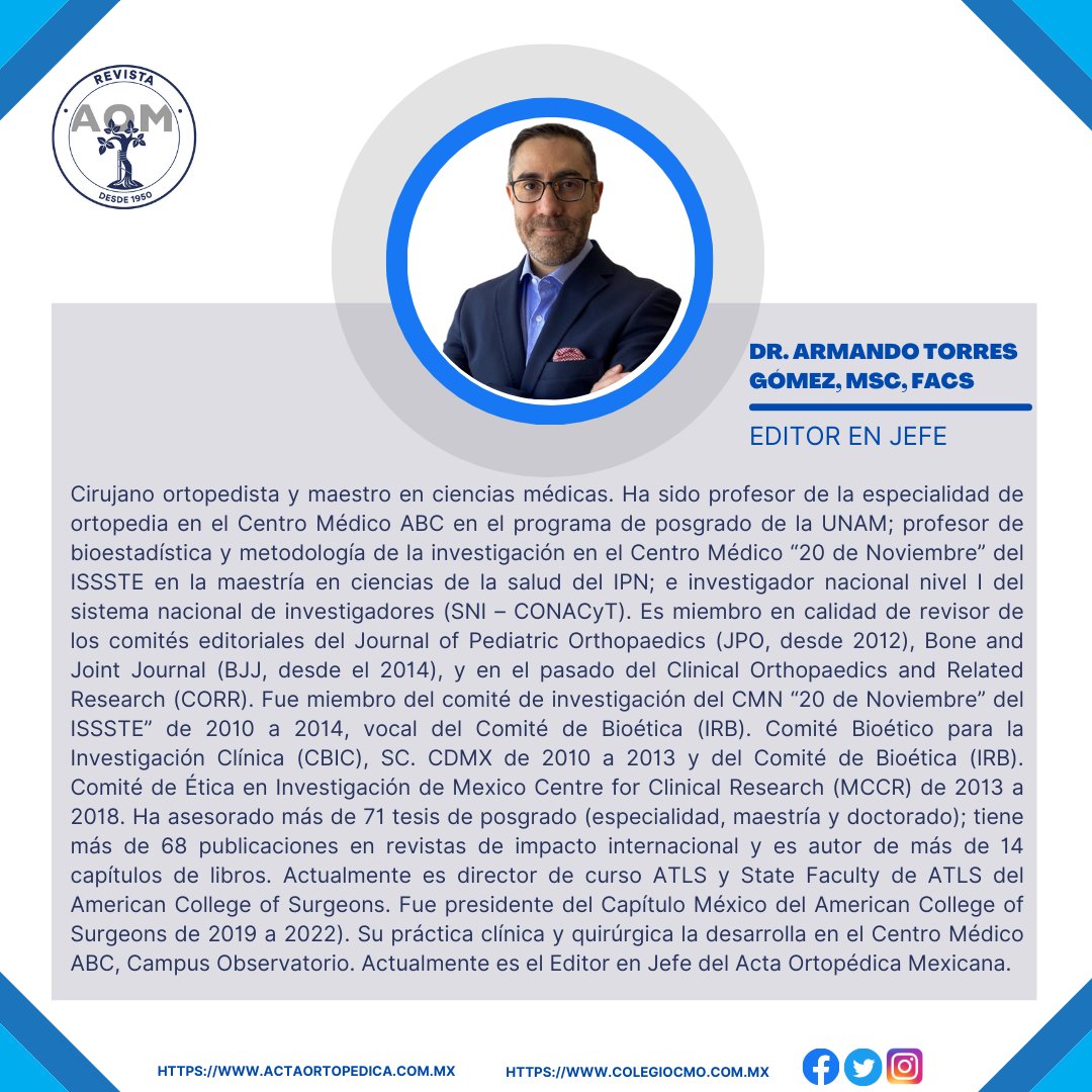 Te damos la bienvenida al Acta Ortopédica Mexicana en Twitter. Mantente en contacto con la AOM, la revista líder de Ortopedia en México, que desde 1950 ha servido como el Órgano de difusión científica y académica del CMO.
actaortopedica.com.mx
colegiocmo.com.mx
#somosCMO