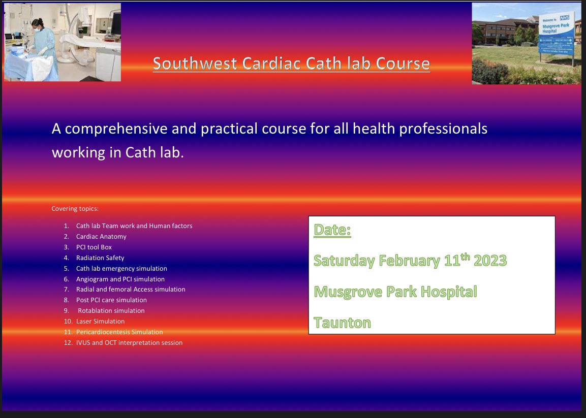 Looking forward to hosting our first Cath lab AHP course <a href="/SomersetFT/">Somerset NHS Foundation Trust</a>. Hands on experience with laser/rota angio/PCI simulators. IVUS/PW. Cath lab emergency management simulation and much more!
Only few places left so please contact @tor_warr or <a href="/bakerCharlot/">Charlotte Baker</a> if interested.