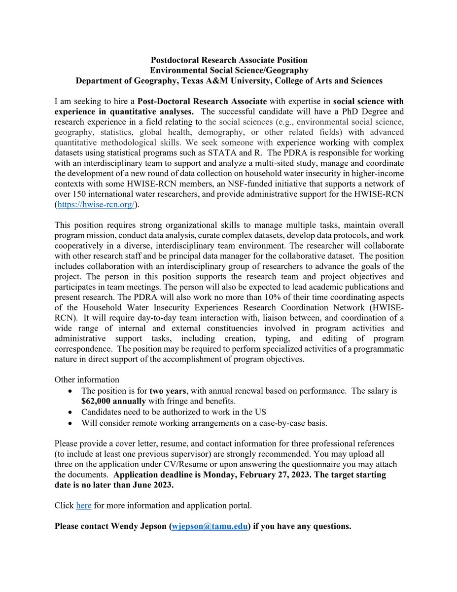 Postdoc Opportunity in Geography at Texas A&amp;M University with Dr. Wendy Jepson -- Quantitative Social Scientist to work with <a href="/HWISE_RCN/">HWISE RCN</a> scholars on data collection. 

Deadline: Feb. 27, 2023
 
If interested, please apply here: bit.ly/TAMUpostdoc