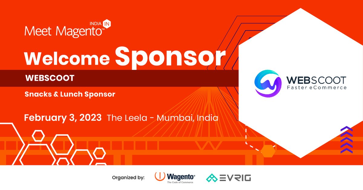 We are pleased to have on board <a href="/webscootio/">WebScoot.io</a> as one of the Lunch and Snacks Sponsors for Meet Magento India 2023. WebScoot is a managed eCommerce hosting company. Special thanks for their initiative to keep everyone energized throughout the power-packed event.