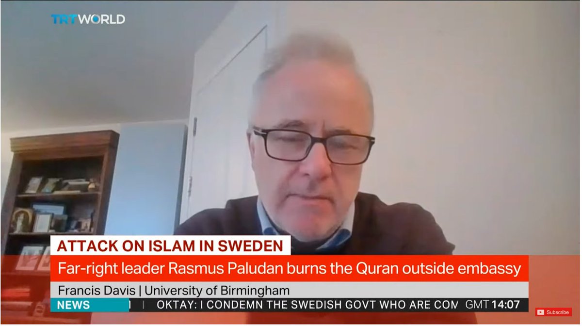 With my @CadburyCentre hat on pleased to comment ( and critique) RasmusPaludan for burning the Quran on Sat in Sweden ; on @trtworld . The Far Right requires deliberate resistance across UK and EU @TariqModood @ArzooAhmed @miqdaad @MichaelRWear @unibirmingham @ErdemOzanTR