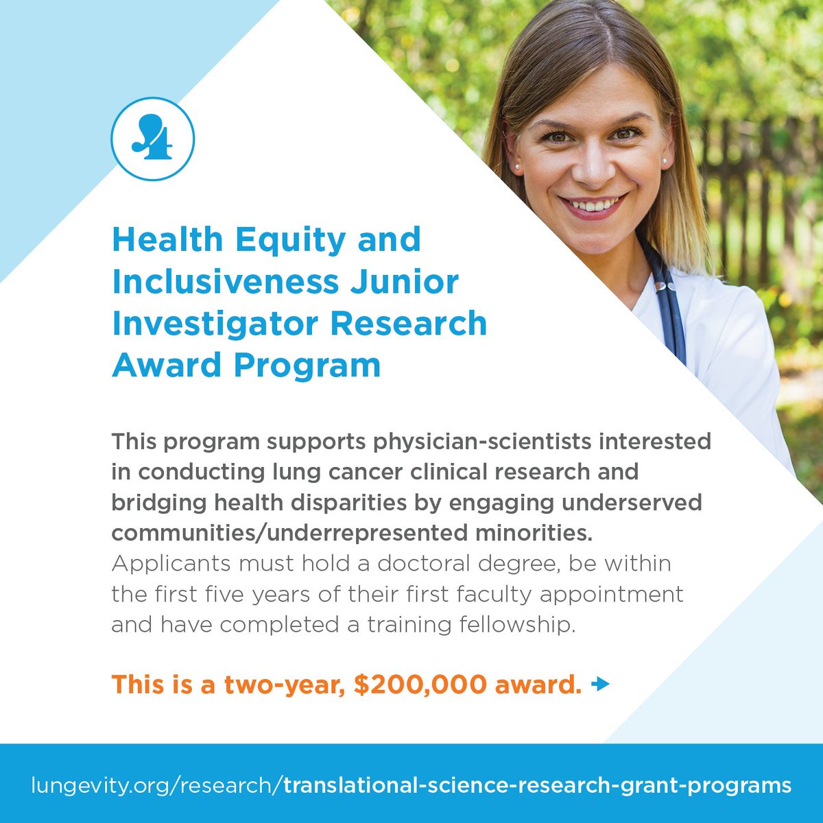 Back this year are the CDA in partership w/@LC_Initiative_, Early Detection Award Program, Health Equity & Inclusiveness Research Fellow Award Program & Jr Investigator Award Program & the VA Research Scholar Award Program. bit.ly/2X7P3na #LUNGevityResearch #RFADAY (2/3)