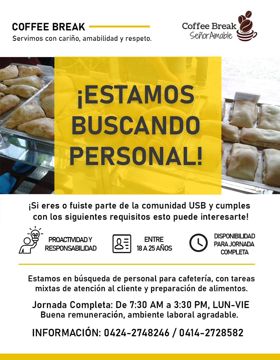 andyvaloz's tweet image. ¡Buenas noches amigos de la comunidad USB! 

El Señor Amable se encuentra buscando a alguien que le eche una manito en la jornada diaria de trabajo en el local. 

Ayúdennos a difundir este flyer, ¡de verdad necesita el apoyo!