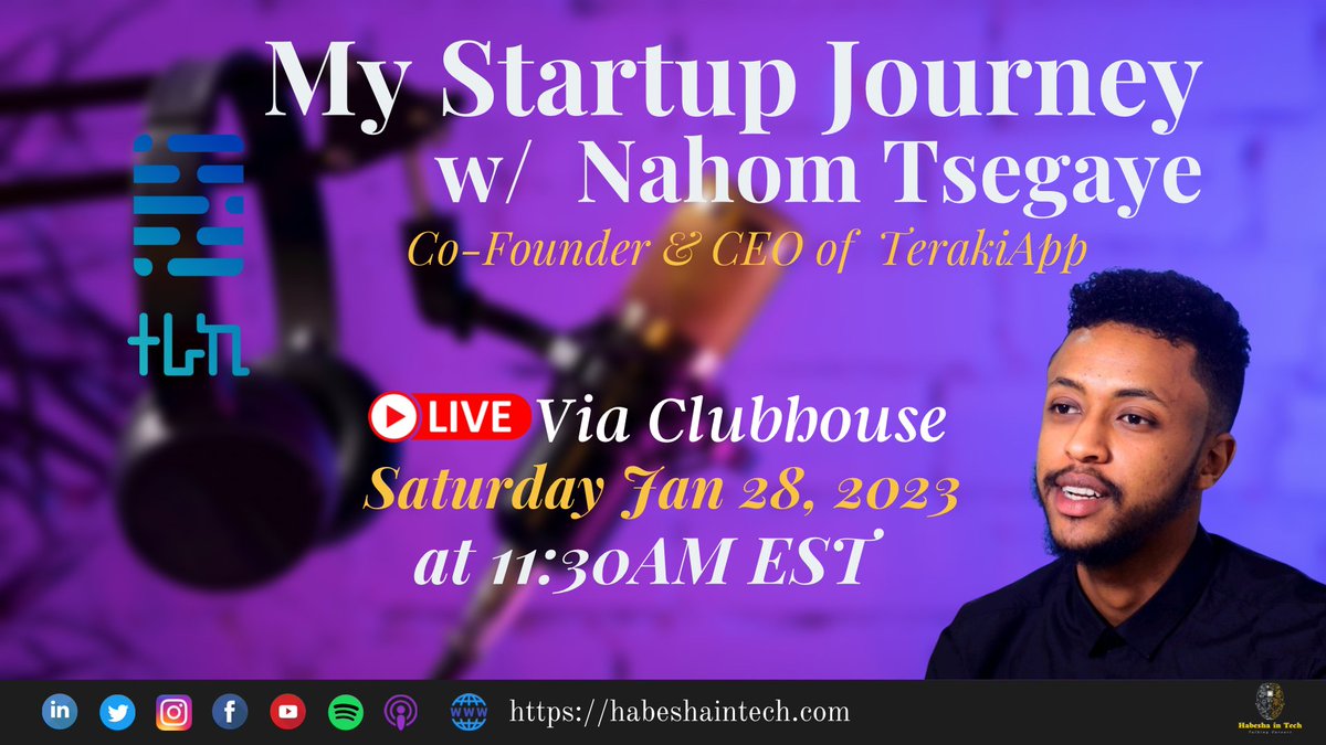 Our next guest is Nahom Tsegaye a co-founder &amp; CEO of <a href="/terakiapp/">ተራኪ | Teraki</a>, an Audio Entertainment Platform; focusing on Audiobooks and Podcasts.
We will be chatting about his startup journey.
Link: clubhouse.com/join/habesha-i…
Please join us the coming Saturday at 11:30 AM EST (ከምሽቱ 1፡30)