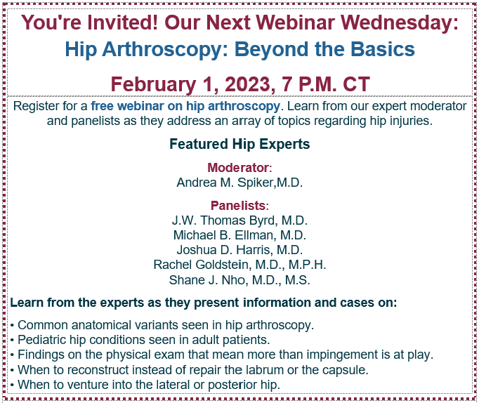 shanenhomd's tweet photo. I'm excited to be part of a #free upcoming #webinar on #hip #arthroscopy hosted by @AANAORG on 2/1/23 at 7 PM CT! The panelists are all leaders in the field--register at the link below:
https://t.co/WlUJIF3rIH
#sportsmedicine #ortho #NhoMoreHipPain #SaveTheLabrum @MOR_Docs https://t.co/nmpa1iFUrC