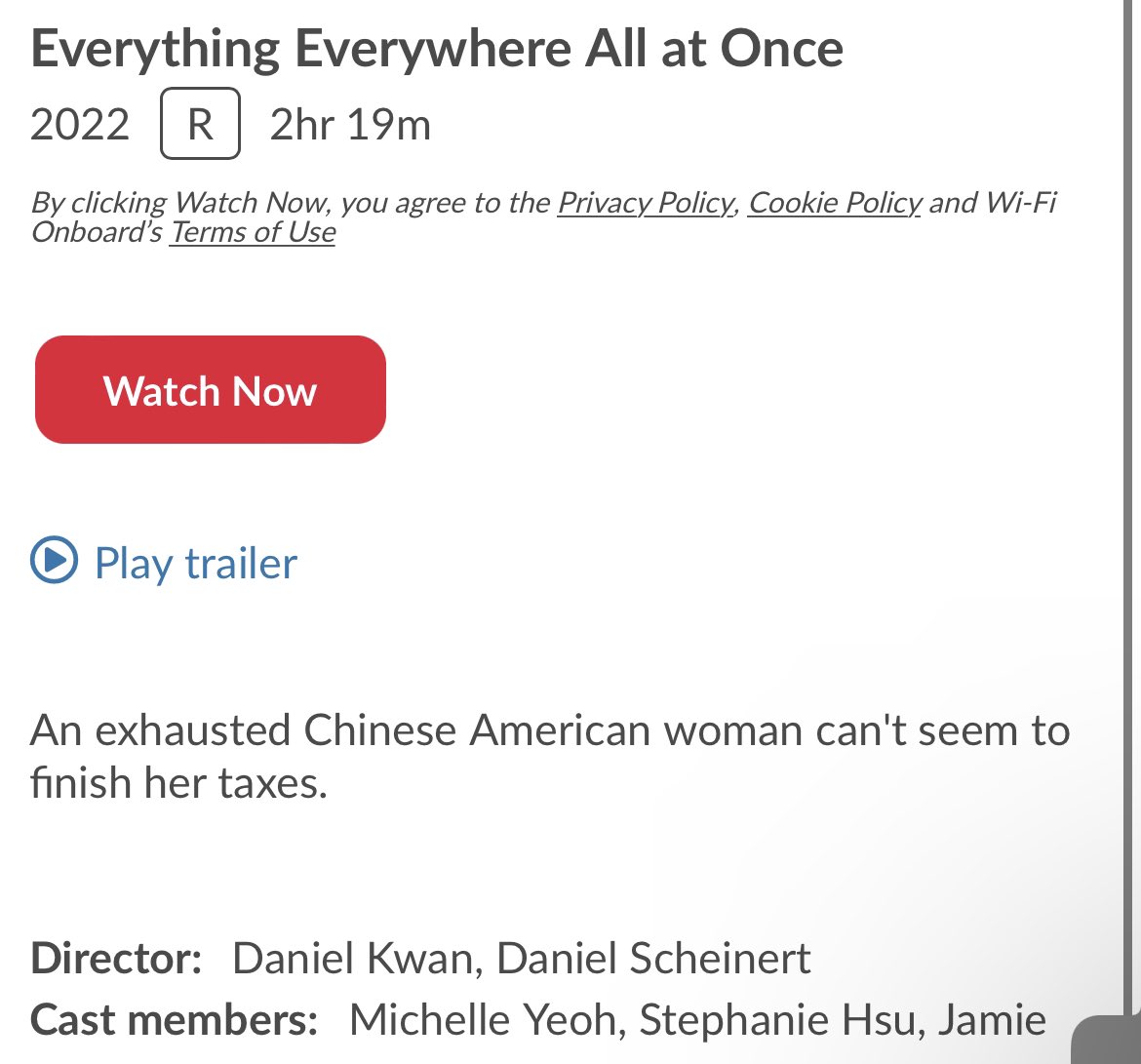 KayleaOtt's tweet photo. I have not seen Everything Everywhere All At Once…but the in flight description I just found on this Delta flight just can’t be right. https://t.co/uRx0UK5tl4
