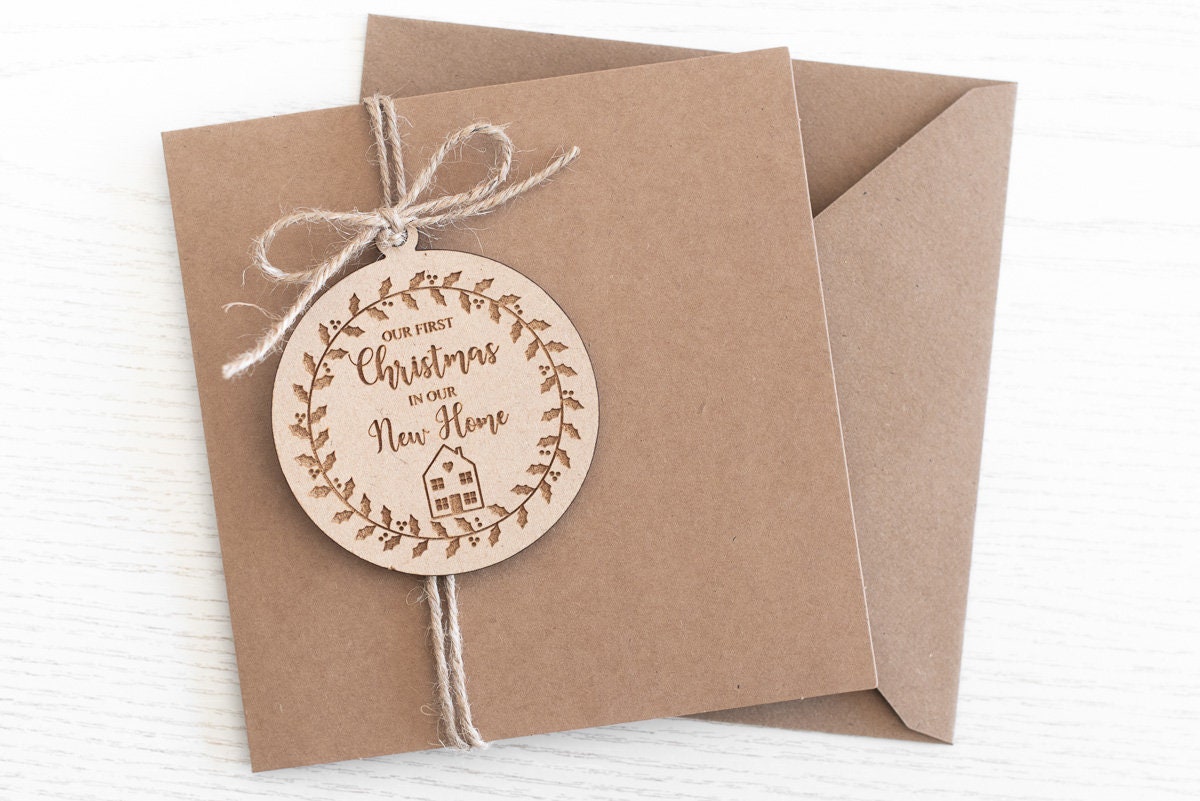 First Christmas in our new Home - Personalised Card Keepsake, Lasercut wooden Decoration tuppu.net/c7b15833 #HoneywellWeddings #Wedding #Bridetobe #Etsy #weddingsignage #rusticwedding #NewHomeCard