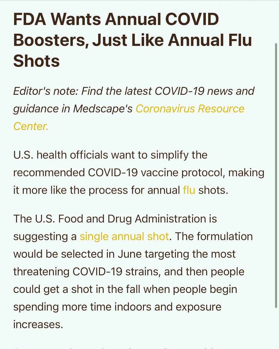 Ya mañana hay una primera reunión para determinar el futuro de si la Vacunacion para el COVID19 tomará el mismo rumbo que el de influenza.Probablemente anual,antes de invierno,usando una vacuna nueva que contenga las últimas mutaciones del COVID19. Veremos.