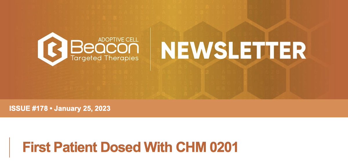 Chimeric's tweet photo. We are pleased to share this week's Beacon Adoptive Cell Newsletter, which highlights our "First Patient Dosed With CHM 0201" ASX news:
Access the newsletter via: https://t.co/SNiY5KOaVg
$CHM #CellTherapy #ExpertResearch #BloodCancers https://t.co/t7kSUDjj4v