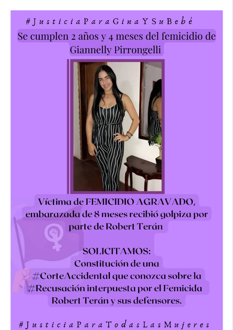 manuelita1504's tweet photo. #25Ene
Caso Giannelly Pirrongelli
#Bolívar 
Por este #Femicidio
Robert Terán (pareja) fue #Condenado a 30 años de prisión el 20/4/22.
El #Femicida y su defensa  #Recusaron a la #CorteDeApelaciones.
#JusticiaParaGinaYSuBebé
@LourdesSuarezA2 
@GladysTSJ
@mdiazmendoza
@gladysrequena https://t.co/j24s680V7e