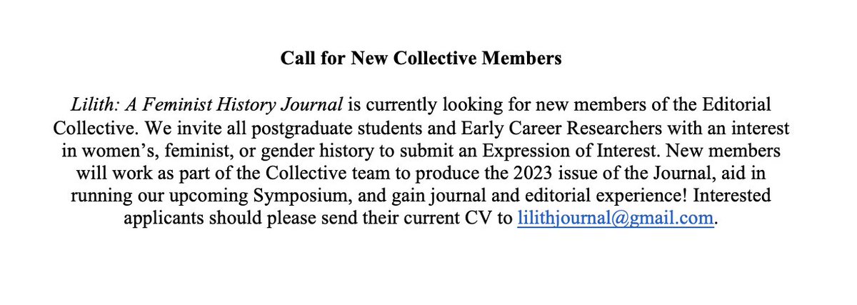 We're looking for new collective members! We invite any postgrad or ECRs with an interest in women's, feminist, or gender history to apply - submit an EOI with your CV to lilithjournal@gmail.com 

#twitterstorians #gendhist #postgrad #ecr #Ozhist #phdchat #womenshist