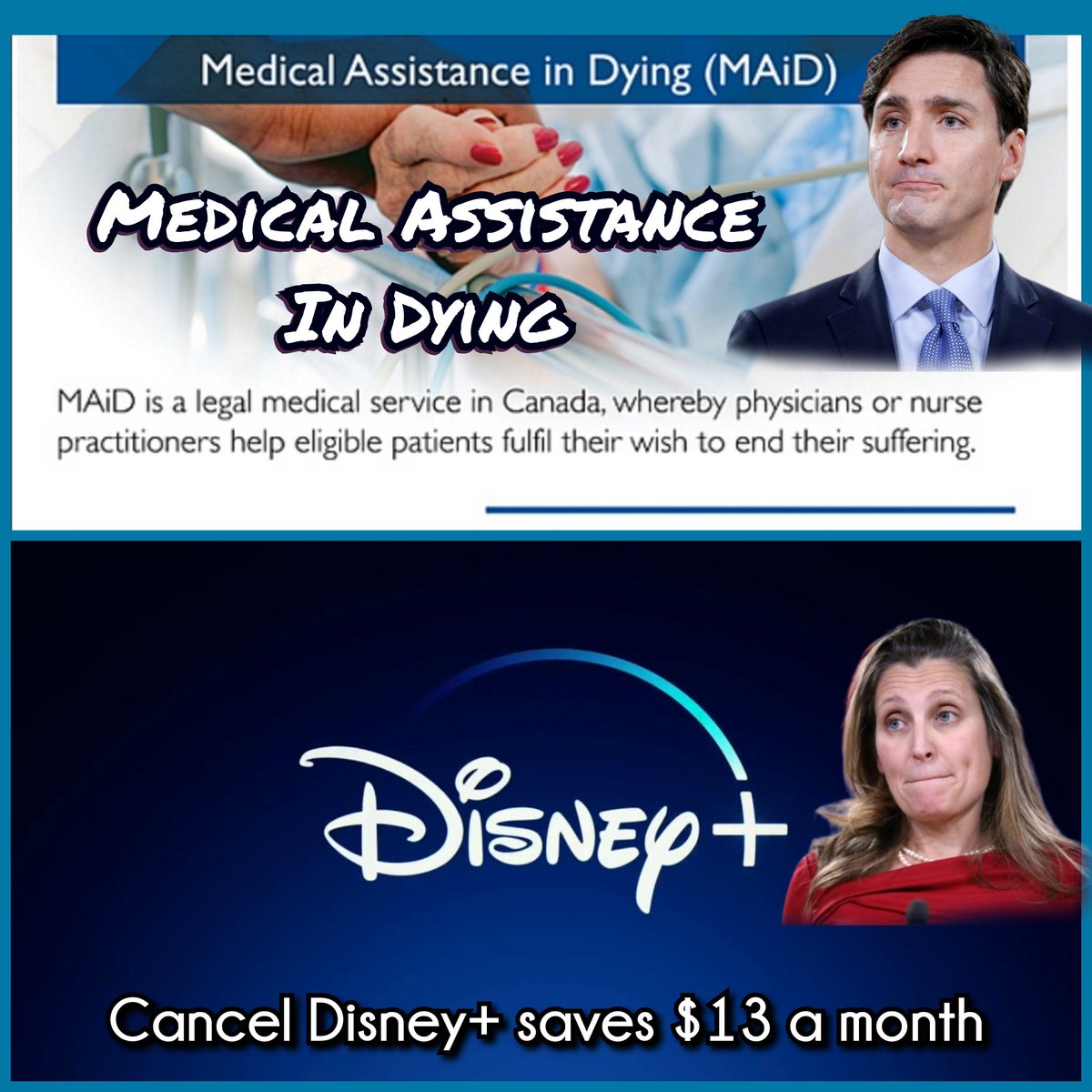 DawnTJ90's tweet photo. Having trouble coping with #Justinflation?
@JustinTrudeau, "Try MAID to help you cope"
@cafreeland, "Cancel Disney+ will help you cope"
#OutOfTouch
#LiberalThink https://t.co/mcIRnKRlqp