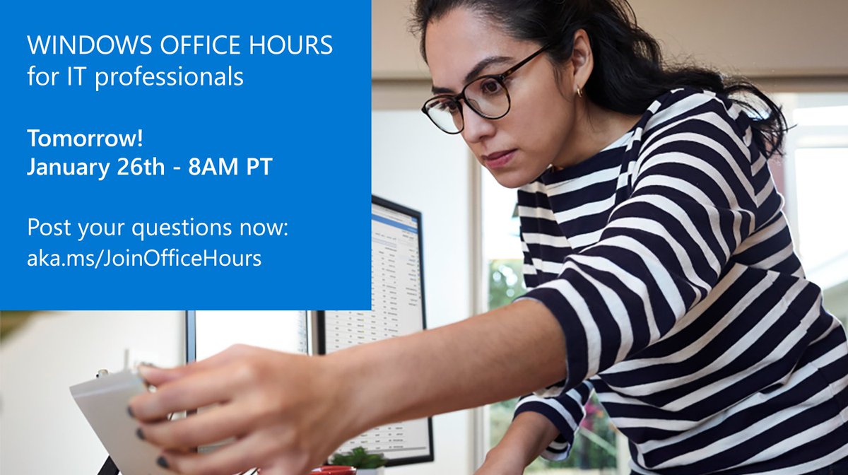 (ding) 🔔Windows Office Hours are tomorrow at 8am PT. Visit aka.ms/JoinOfficeHours now or anytime during that hour to post your questions for our broad group of #Windows, #MSIntune, and #Windows365 engineers. 

#Windows11 #SysAdmin #UpdateManagement #WUfB