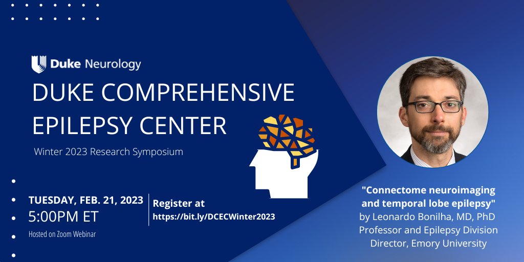 Gregory B. Cogan (@cogan_g) on Twitter photo We are very excited to host Dr. Leonardo Bonilha from <a href="/EmoryMedicine/">Emory School of Medicine</a> for our upcoming Duke Comprehensive Epilepsy Center Research Symposium on Tues. Feb. 21 at 5pm EST. Register at bit.ly/DCECWinter2023 and join us via zoom! <a href="/DukeBrain/">Duke Institute for Brain Sciences</a> #epilepsy We are very excited to host Dr. Leonardo Bonilha from <a href="/EmoryMedicine/">Emory School of Medicine</a> for our upcoming Duke Comprehensive Epilepsy Center Research Symposium on Tues. Feb. 21 at 5pm EST. Register at bit.ly/DCECWinter2023 and join us via zoom! <a href="/DukeBrain/">Duke Institute for Brain Sciences</a> #epilepsy