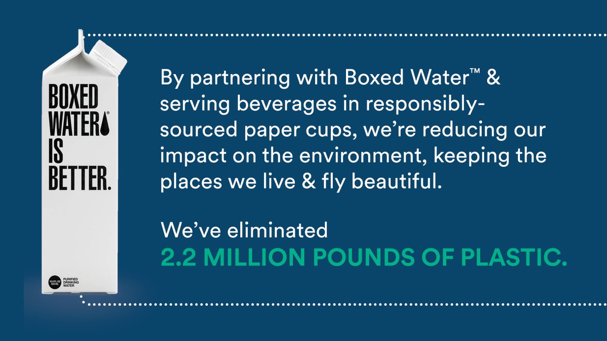 AlaskaAir's tweet photo. As we fly toward a more sustainable future, we’re proud to be the 1st U.S. airline to eliminate plastic cups! By partnering with @BoxedWater &amp; serving drinks in responsibly-sourced paper cups, we’re saving 2.2M+ lbs of plastic from landfills a year! More: https://t.co/SawXTp9LpR https://t.co/PwQTB0WWQ3