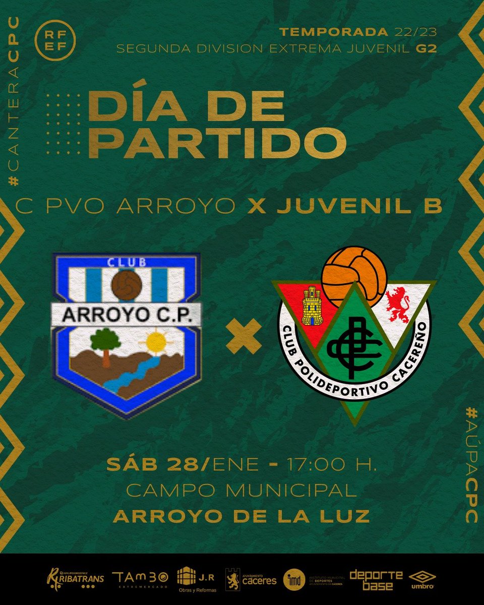 CanteraCPC's tweet photo. 🟩 Día de Partido
⬜ Juvenil B

⚽ Jornada 14
🆚 @CanteraArroyocp  
🗓️ 28-01-23
🏟️ Campo Municipal 
📍 Arroyo de la Luz
⌚ 17:00 horas

#ApoyaCanteraCPC
#Animaalostuyos https://t.co/LIKHztNvyU