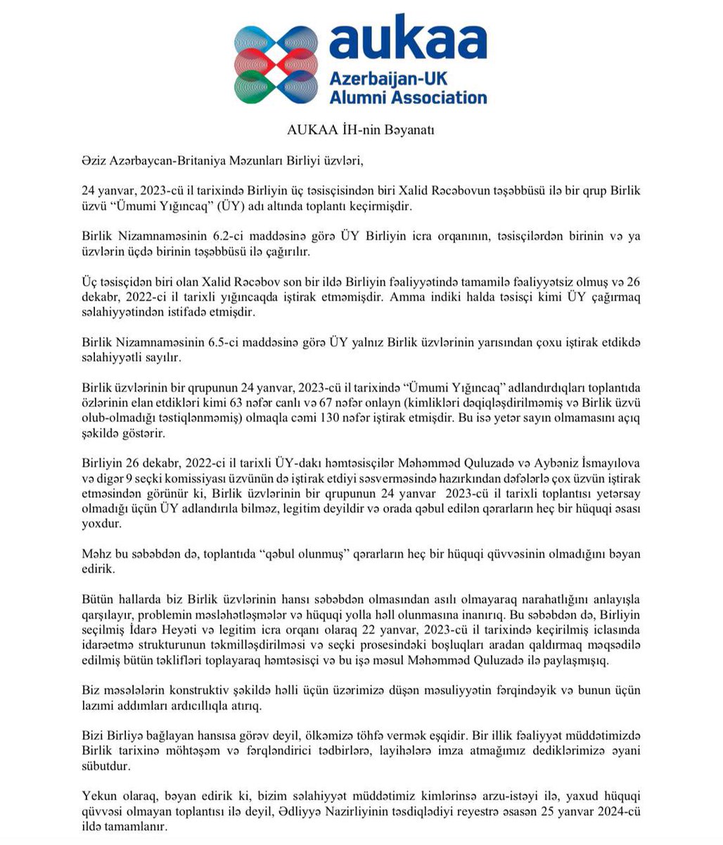 AUKAA İdarə Heyətinin bəyanatı