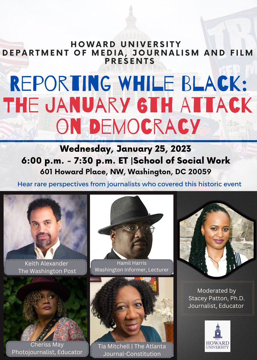 Happeneing Tonight at 6pm— Reporting While Black. We hope you join us for this important conversation with journalists who covered the January 6th attack on democracy. Moderated by <a href="/DrStaceyPatton/">Stacey Patton</a>  #journalism #Jan6 <a href="/cherissmay/">Cheriss May</a> <a href="/isturgis/">Ingrid Sturgis</a>