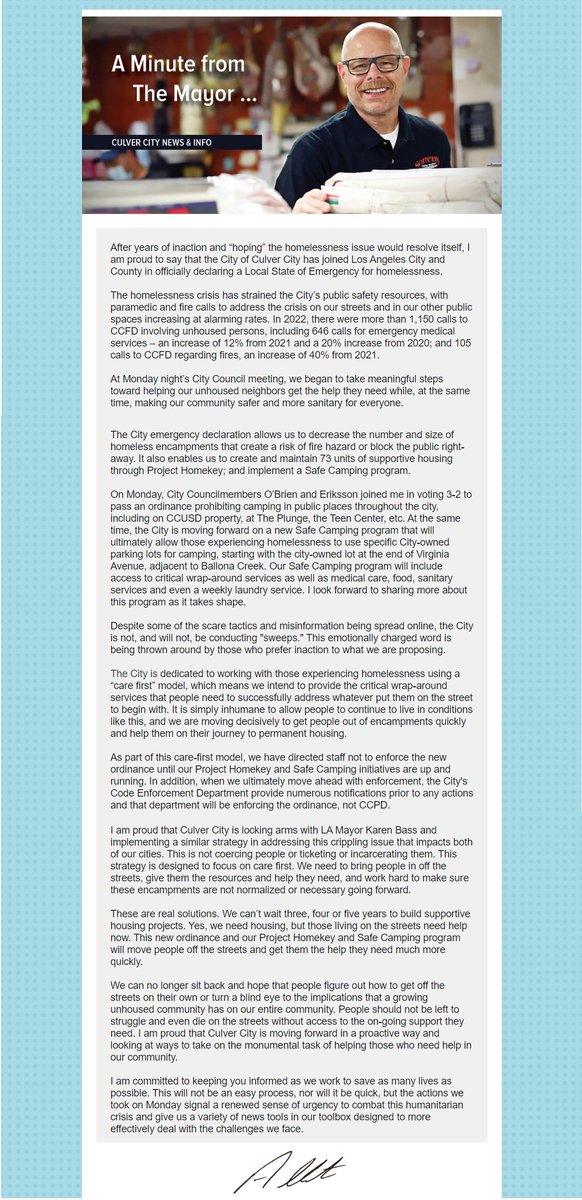 Culver City Mayor <a href="/AlbertVeraJr/">Albert Vera</a> released a statement today regarding Monday's decision on helping people who are experiencing homelessness. Link below, with permission #CulverCity #homelessness #StateofEmergency

bit.ly/404Yf7M