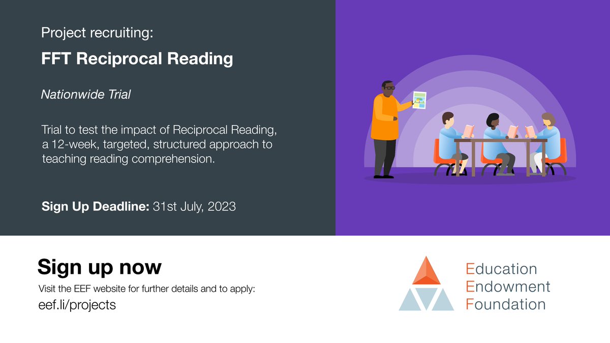 Primary schools across England can take part in our upcoming trial of Reciprocal Reading. 

This programme is a structured, targeted, 12-week approach for Key Stage 2 pupils who are struggling with reading comprehension.

4/5