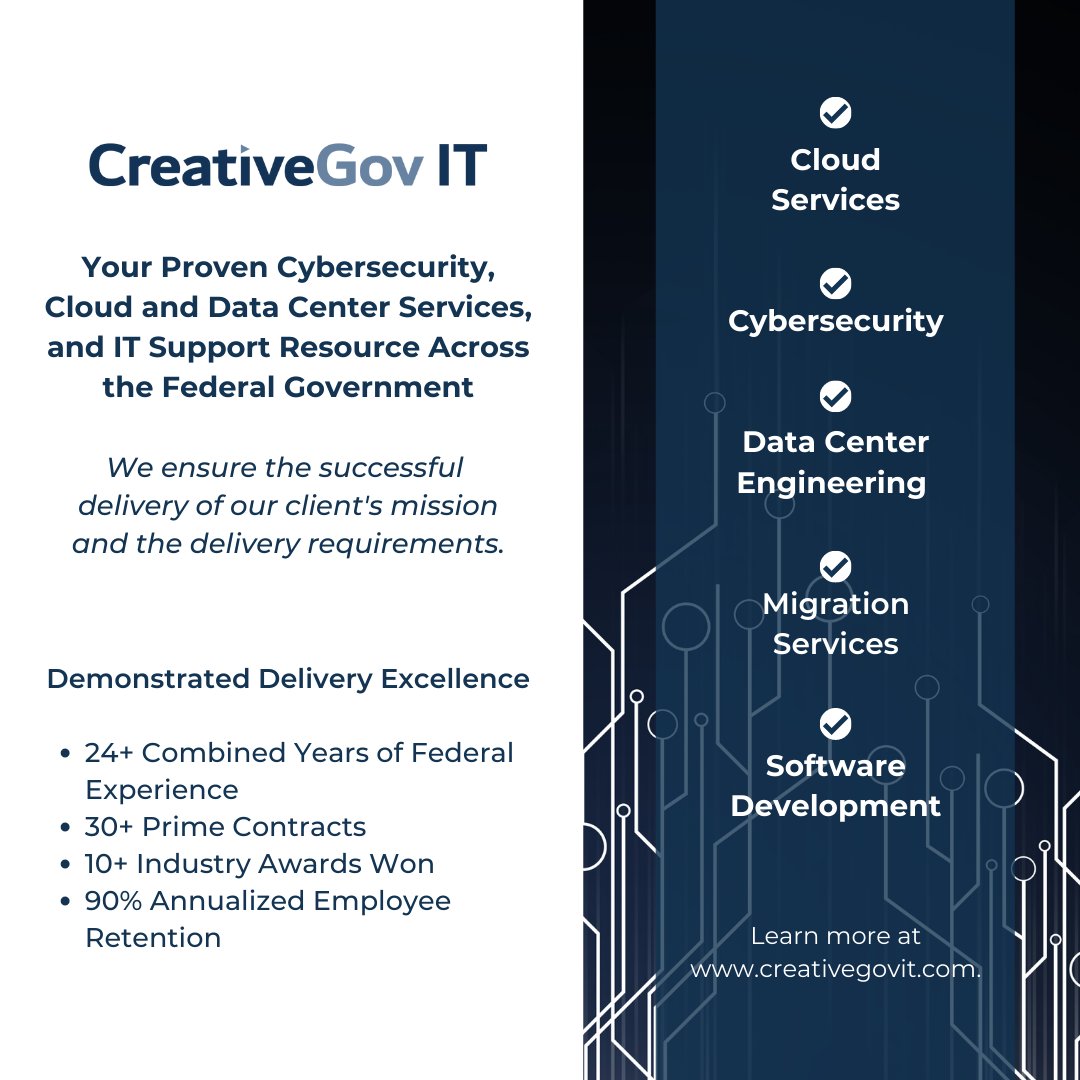 CreativeGov IT, a joint venture of #SkyePoint, ensures the successful delivery of our client's mission. We're a trusted partner of the Federal gov providing Cloud, Cybersecurity, Data Center Services &amp; IT Support.

Learn more at creativegovit.com
#CreativeGovIT #GovCon