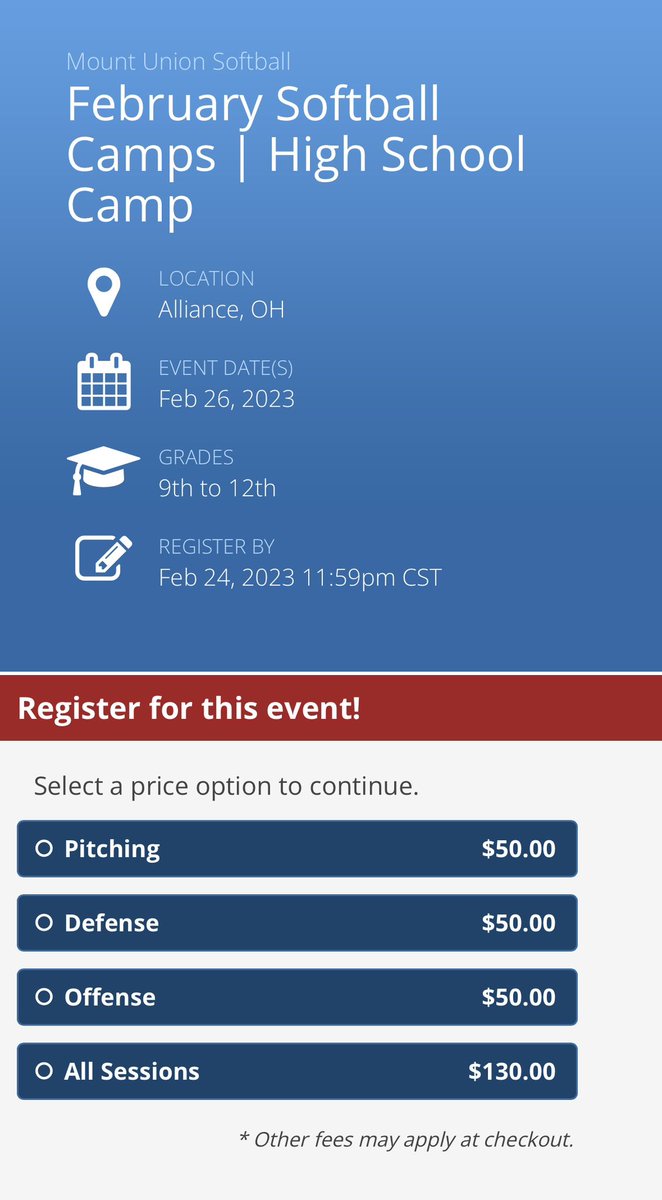 Our high school camp is on February 26th from 12:00-4:00pm! Make sure to get registered for any or all of the sessions provided! Use the link below to register!

mountunionsoftball.com/february-softb…