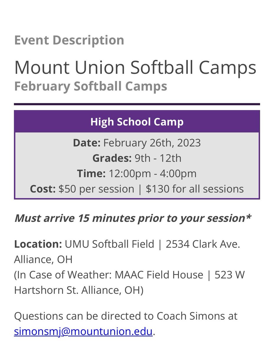 UMU_Softball's tweet photo. Our high school camp is on February 26th from 12:00-4:00pm! Make sure to get registered for any or all of the sessions provided! Use the link below to register!

https://t.co/K6igueW7bP https://t.co/Kj7BSjlGV3