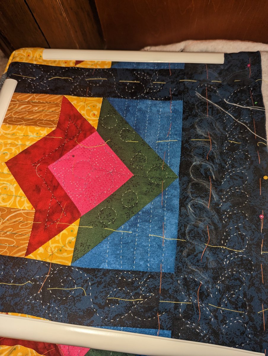 One quilt out of the hoop, the next one on! (Actually put this down briefly to finish the baby quilt) #HandQuilting #QuiltsOnTwitter