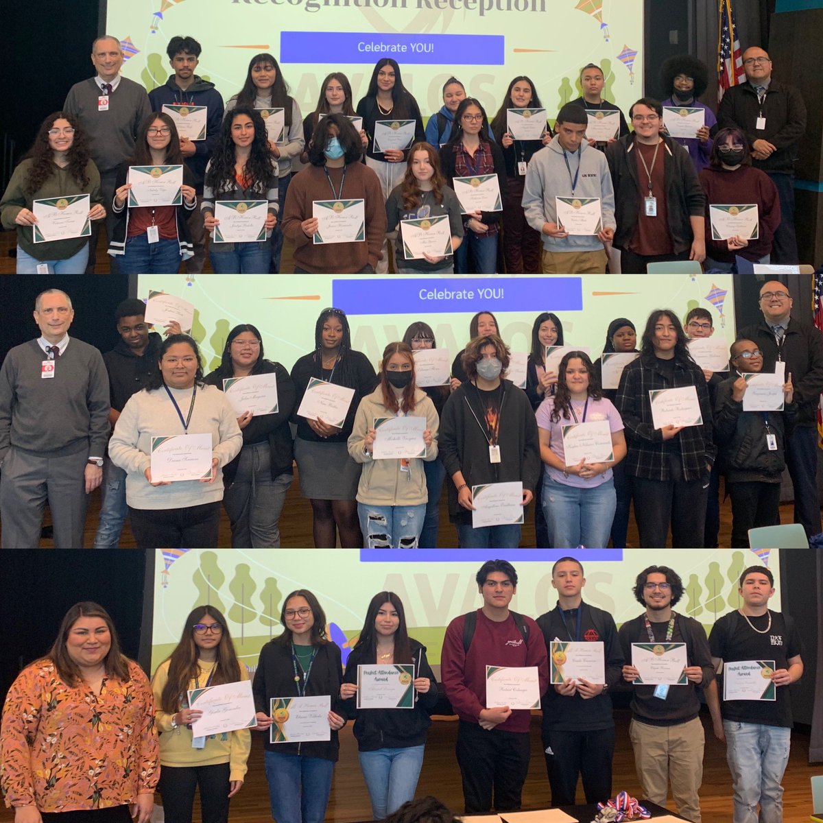 AvalosPTECH's tweet photo. We had so much fun celebrating and recognizing our students for their outstanding accomplishments! #HonorRoll #MeritRoll #PerfectAttendance #PhoenixRise #DonutsAndSwag https://t.co/KKlLtPMPko