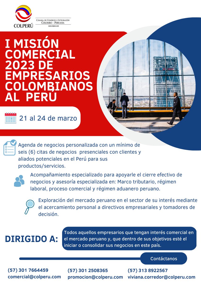 No te quedes sin asistir a nuestra primera Misión Comercial de este 2023, bienvenidos todos los empresarios colombianos al Perú.
Para más información, visita nuestra página web: colperu.com