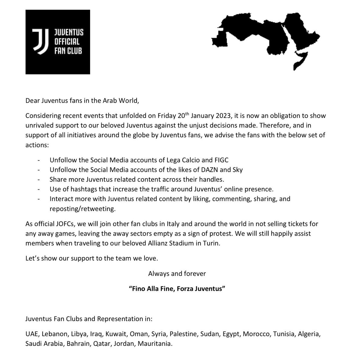JUAECLUB's tweet photo. In light of recent events, the #Juventus fan clubs in the Arab World have issued a statement in support of @Juventusfcar @juventusfcen 

بيان مشترك من روابط اليوفي في العالم العربي دعماً للسيدة العجوز ❤️

#JUAE #ForzaJuve #LiveAhead https://t.co/4FGX1mzSuB